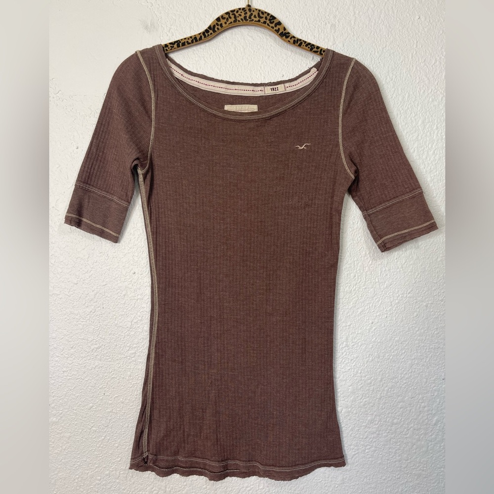 Hollister Vintage Y2K 2000s Ribbed Boatneck Brown Half Sleeve Top Size Large